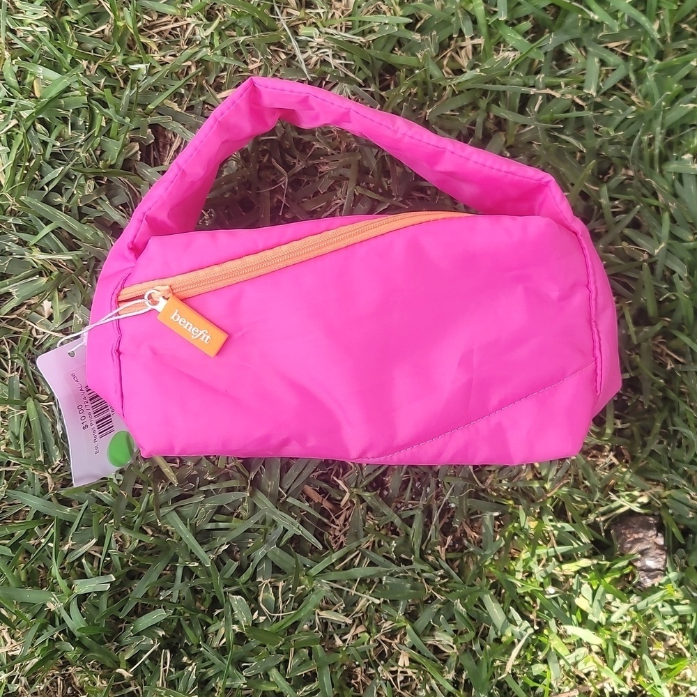 Benefit pink orange nylon puffy purse crescent shape makeup bag